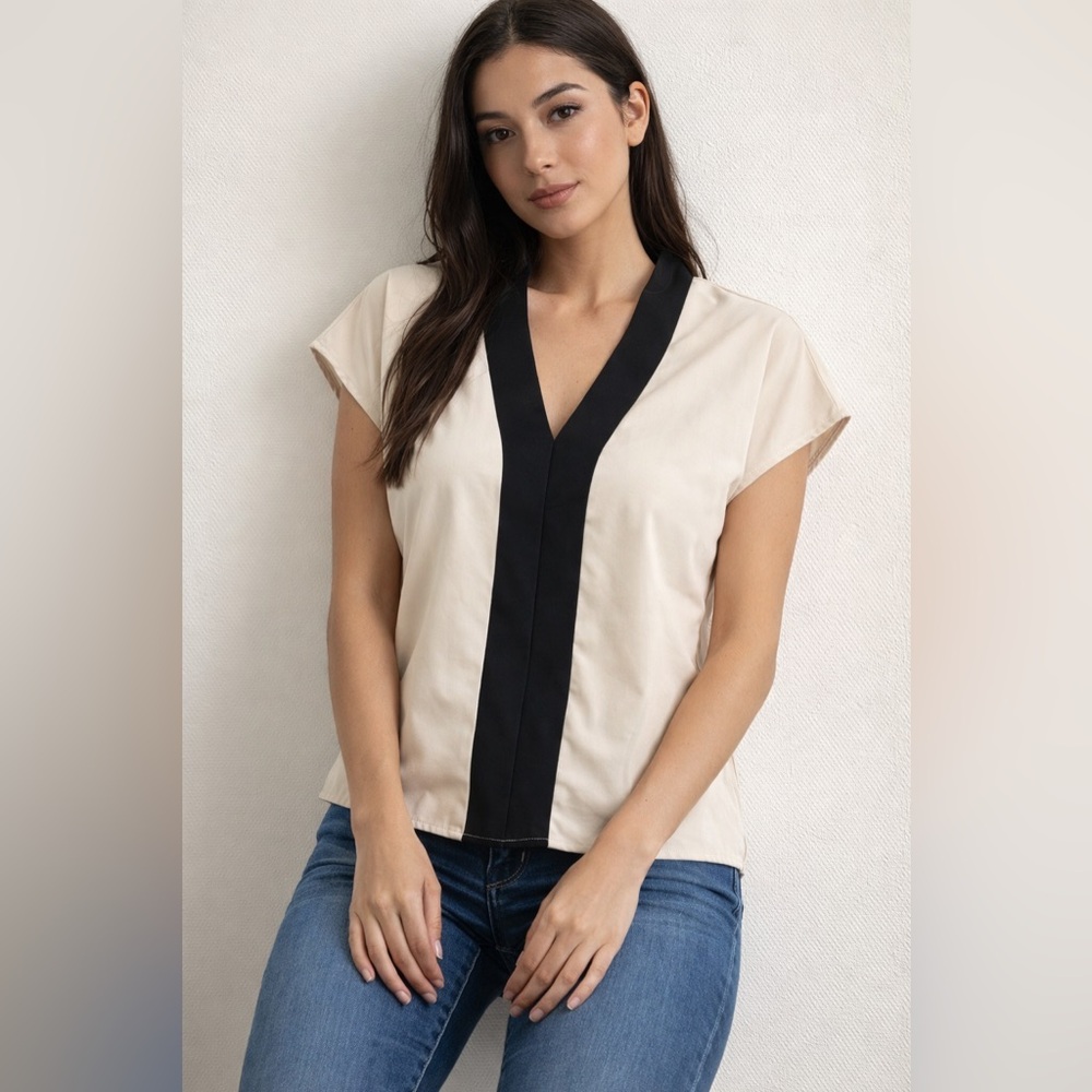 SHEIN Black and Cream V-Neck Blouse